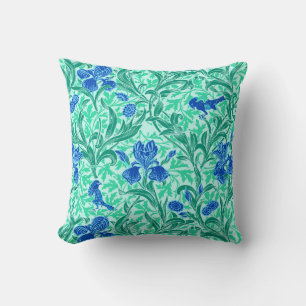 William Morris Irises,Cobalt Blue, Aqua and Teal Throw Pillow