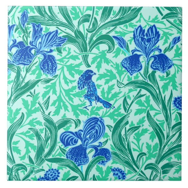 William Morris Irises, Cobalt Blue, Aqua and Teal Tile (Front)