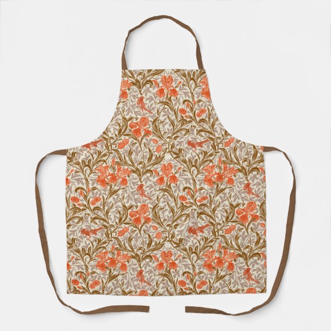 William Morris Irises, Coral Orange, Brown & Beige Apron (Front)