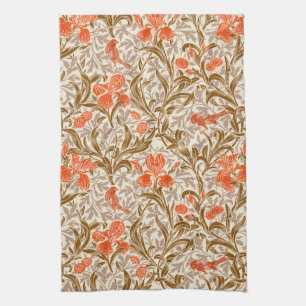 William Morris Irises, Coral Orange, Brown & Beige Kitchen Towel