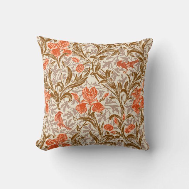 William Morris Irises, Coral Orange, Brown & Beige Throw Pillow (Front)