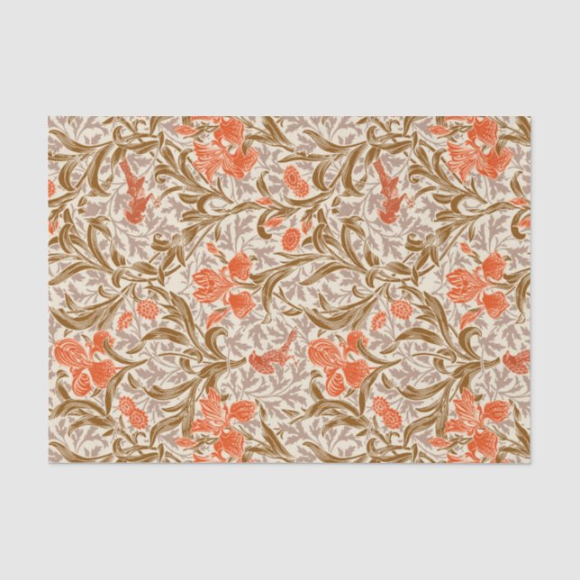 William Morris Irises, Coral Orange, Brown & Beige Tissue Paper (Front)