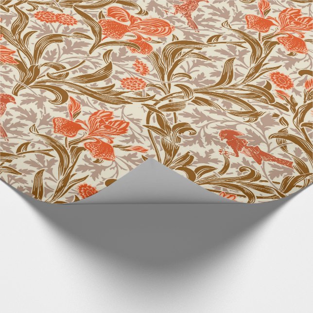 William Morris Irises, Coral Orange, Brown & Beige Wrapping Paper (Corner)