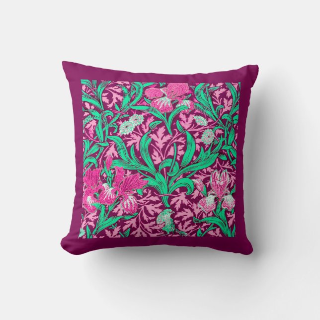 William Morris Irises, Fuchsia Pink and Wine Throw Pillow (Front)