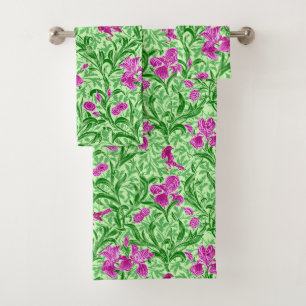 William Morris Irises, Green, Magenta and Orchid Bath Towel Set