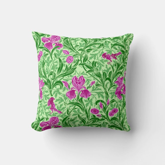 William Morris Irises, Green, Magenta and Orchid Throw Pillow (Front)