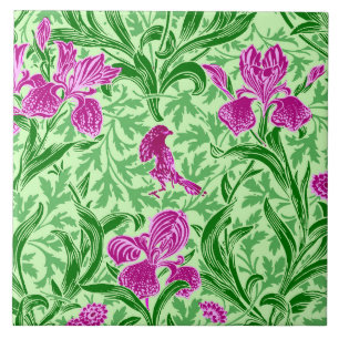 William Morris Irises, Green, Magenta and Orchid Tile