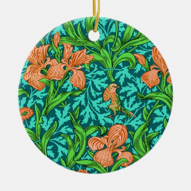 William Morris Irises, Orange and Turquoise   Ceramic Ornament (Front)
