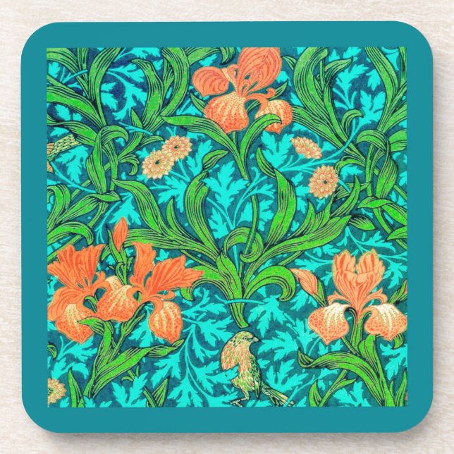 William Morris Irises, Orange and Turquoise Coaster (Front)
