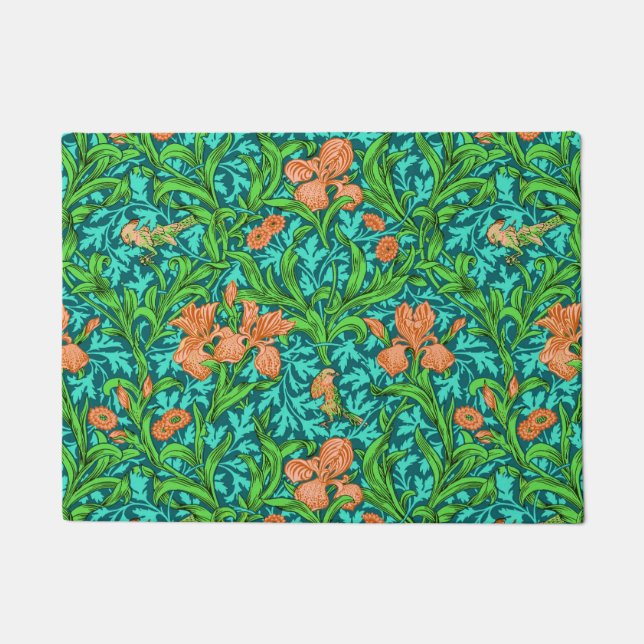 William Morris Irises, Orange and Turquoise Doormat (Front)