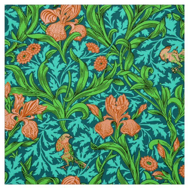 William Morris Irises, Orange and Turquoise Fabric (Swatch)