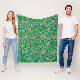 William Morris Irises, Orange and Turquoise Fleece Blanket