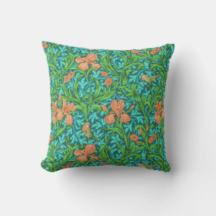 William Morris Irises, Orange and Turquoise Outdoor Pillow