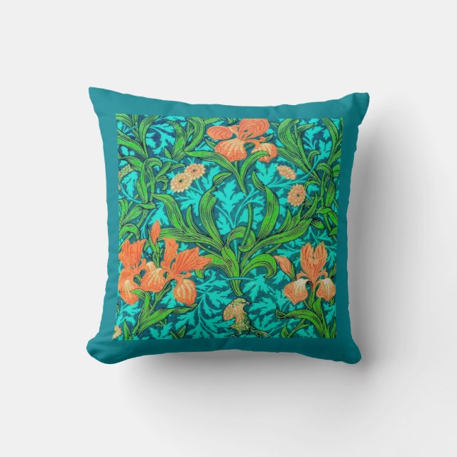 William Morris Irises, Orange and Turquoise Throw Pillow (Front)