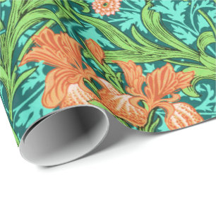 William Morris Irises, Orange and Turquoise Wrapping Paper