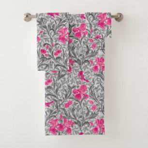 William Morris Irises, Pink and Silver Gray / Grey Bath Towel Set