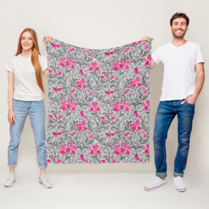 William Morris Irises, Pink and Silver Gray / Grey Fleece Blanket