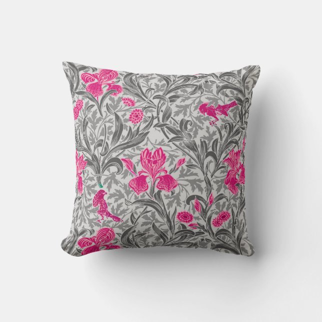 William Morris Irises, Pink and Silver Gray / Grey Throw Pillow (Front)