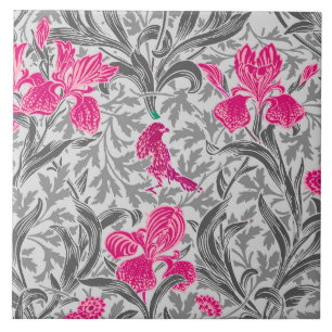 William Morris Irises, Pink and Silver Gray / Grey Tile