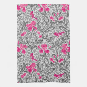 William Morris Irises, Pink and Silver Grey / Grey Kitchen Towel
