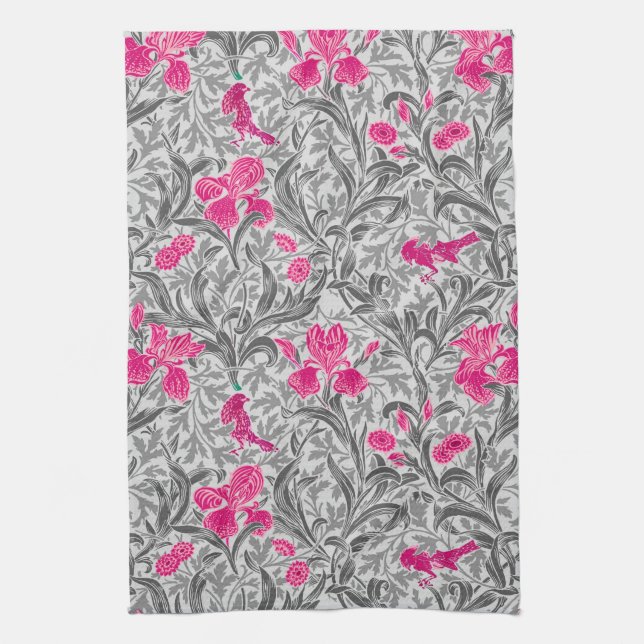 William Morris Irises, Pink and Silver Grey / Grey Kitchen Towel (Vertical)