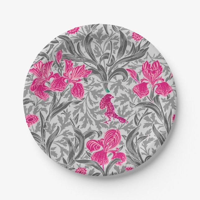 William Morris Irises, Pink and Silver Grey / Grey Paper Plate (Front)