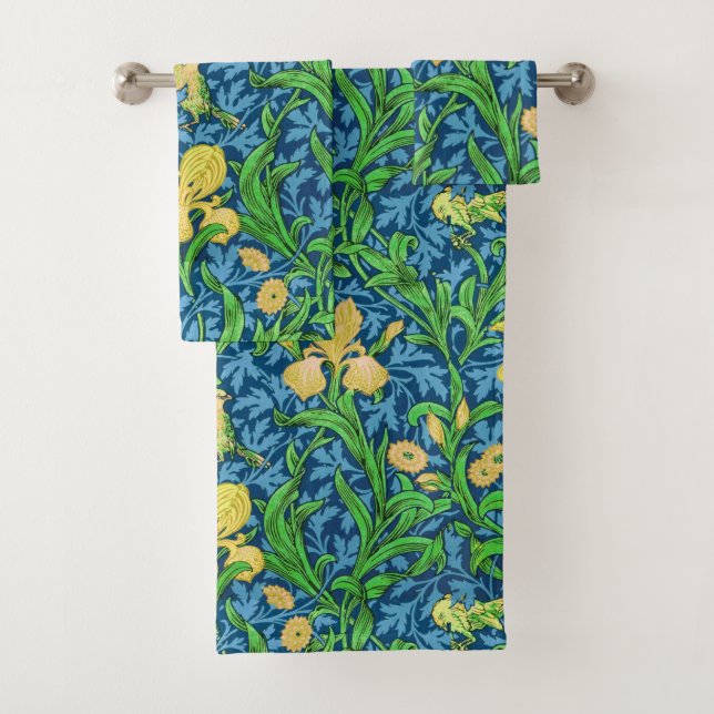 William Morris Irises, Yellow and Cobalt Blue Bath Towel Set (Insitu)