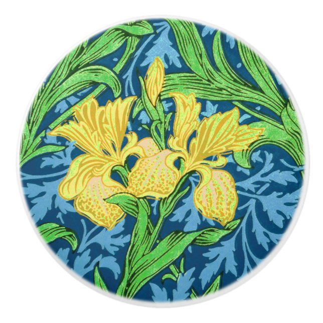 William Morris Irises, Yellow and Cobalt Blue  Ceramic Knob (Front)