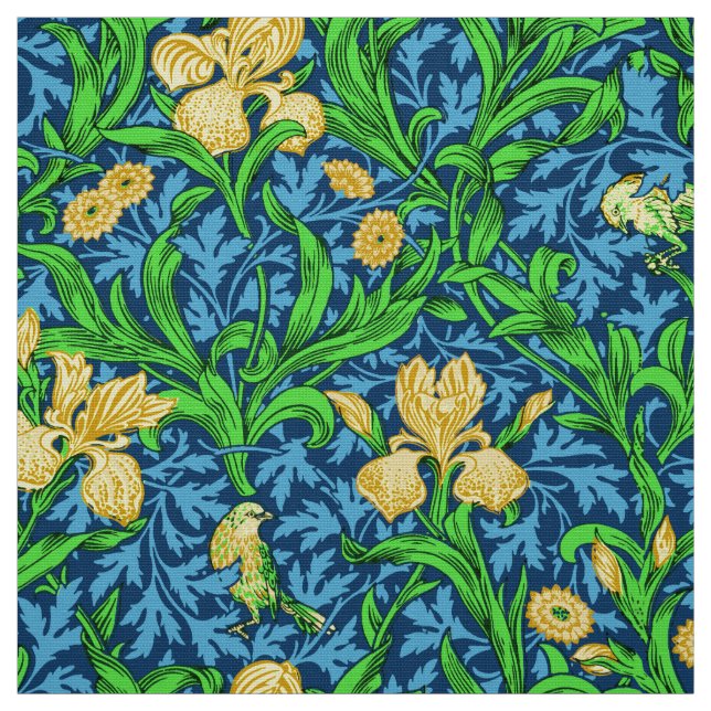 William Morris Irises, Yellow and Cobalt Blue Fabric (Swatch)