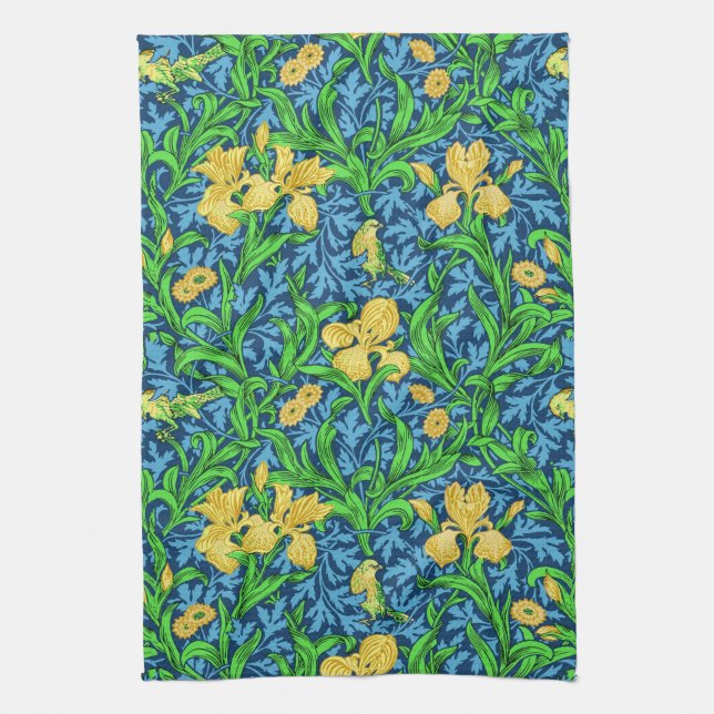 William Morris Irises, Yellow and Cobalt Blue Kitchen Towel (Vertical)