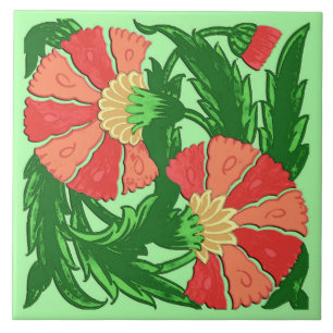 William Morris Jacobean, Coral Orange and Green Tile
