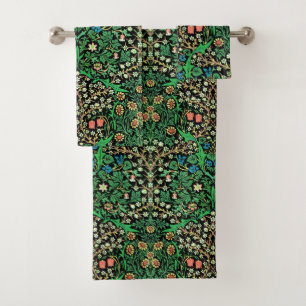 William Morris Jacobean Floral, Black Background Bath Towel Set