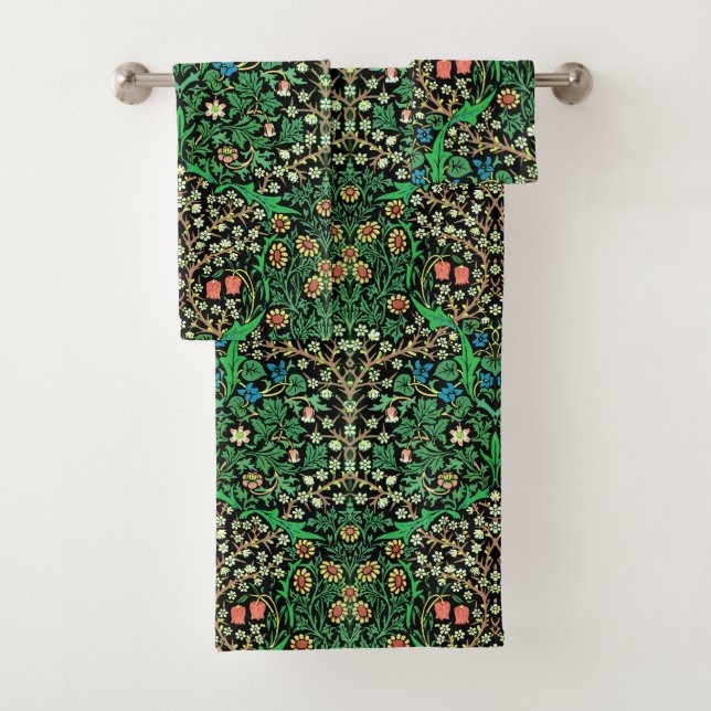 William Morris Jacobean Floral, Black Background Bath Towel Set (Insitu)