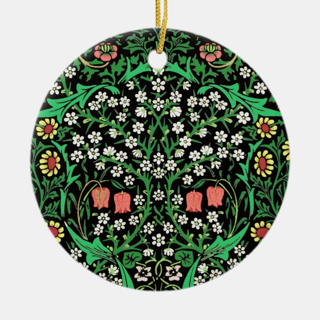 William Morris Jacobean Floral, Black Background  Ceramic Ornament (Front)
