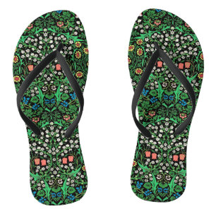 William Morris Jacobean Floral, Black Background Flip Flops
