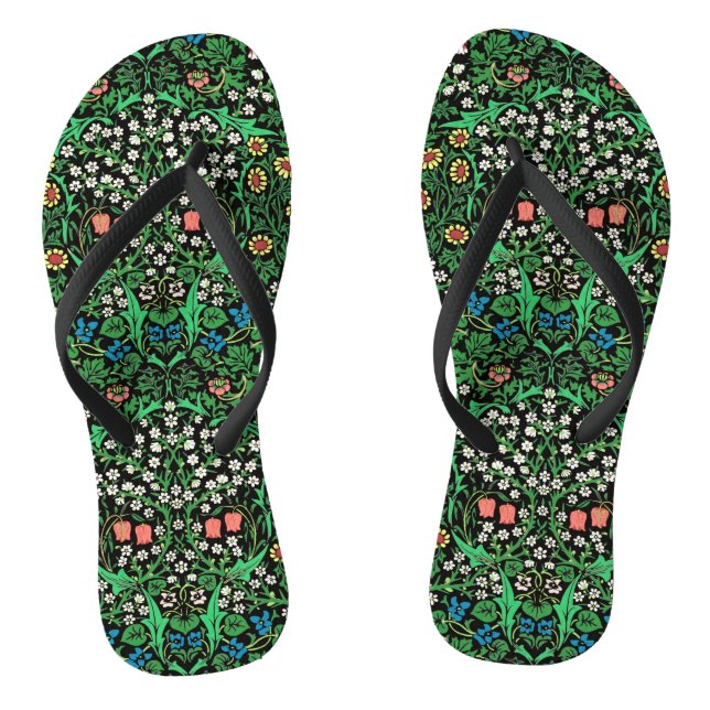 William Morris Jacobean Floral, Black Background  Flip Flops (Footbed)