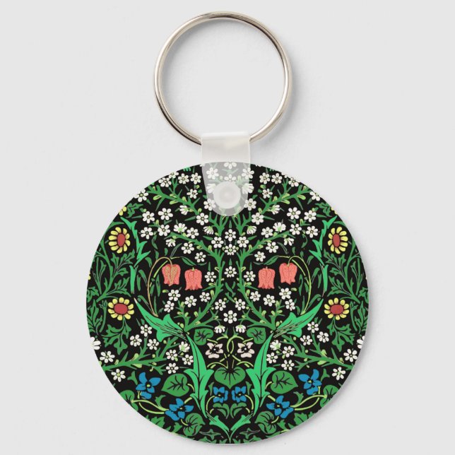 William Morris Jacobean Floral, Black Background  Keychain (Front)