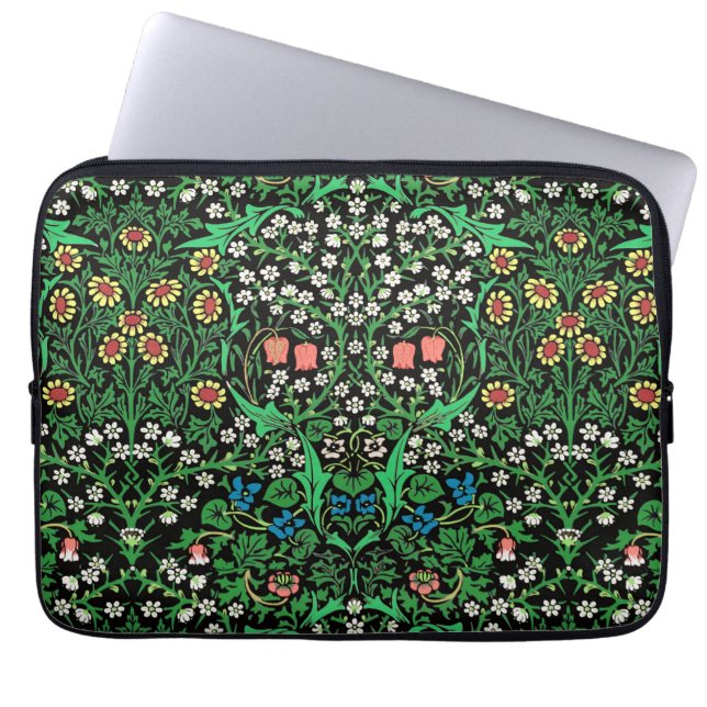 William Morris Jacobean Floral, Black Background Laptop Sleeve (Front)