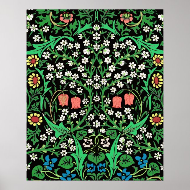 William Morris Jacobean Floral, Black Background Poster (Front)