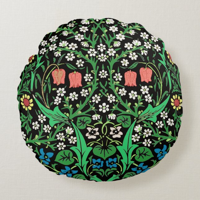 William Morris Jacobean Floral, Black Background Round Pillow (Front)