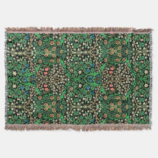 William Morris Jacobean Floral, Black Background Throw Blanket (Front)