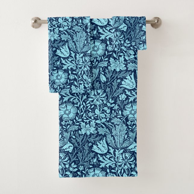 William Morris Jacobean Floral - Indigo Blue Bath Towel Set (Insitu)