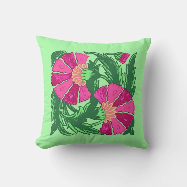 William Morris Jacobean, Fuchsia Pink and Green Throw Pillow (Front)