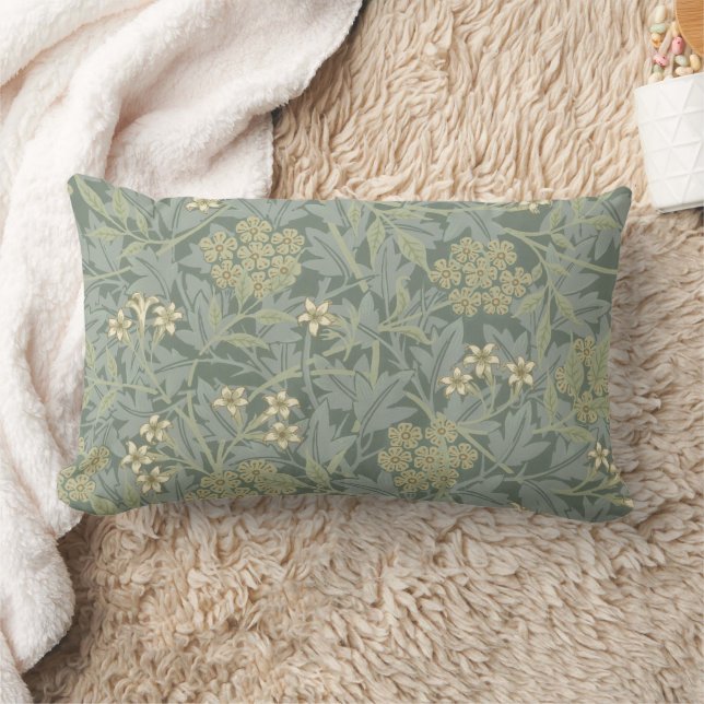 William Morris Jasmine Blue Green Botanical Art Lumbar Pillow (Blanket)