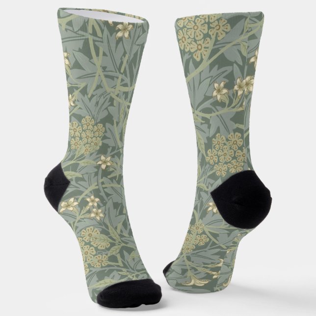 William Morris Jasmine Blue Green Botanical Art Socks (Angled)