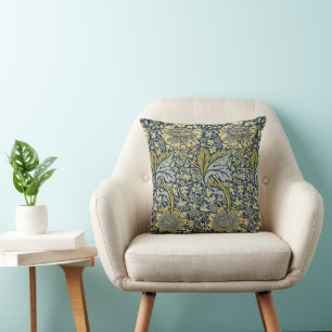 William Morris Kennet Floral Wallpaper Blue Gold Throw Pillow