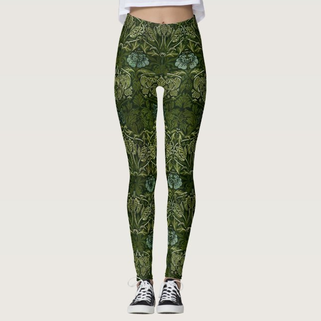 William Morris Large Green Leaves & Blue Flower Leggings (Front)