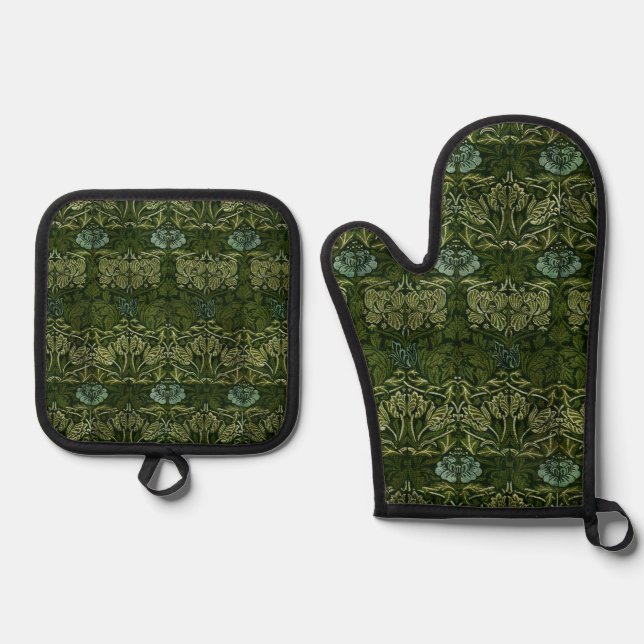 William Morris Large Green Leaves & Blue Flower Oven Mitt & Pot Holder Set (Front)