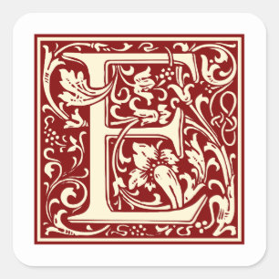 William Morris Letter E Monogram Initial Red Square Sticker