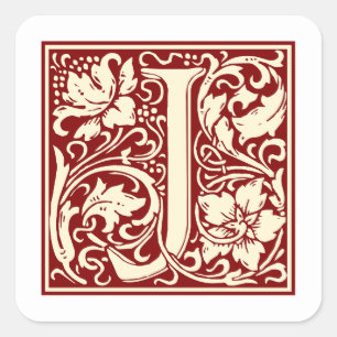 William Morris Letter J Monogram Initial Red Square Sticker